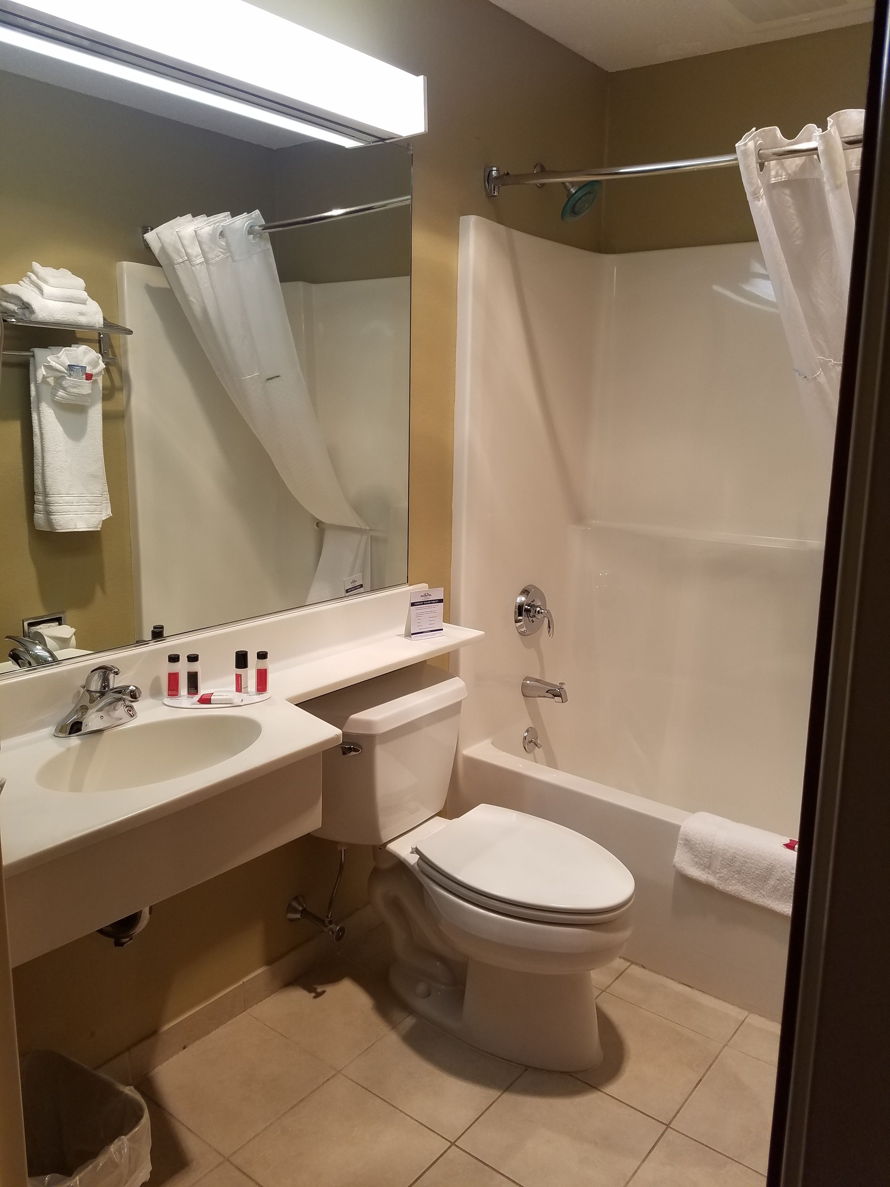 combined shower/bathtub, free toiletries, hair dryer, towels