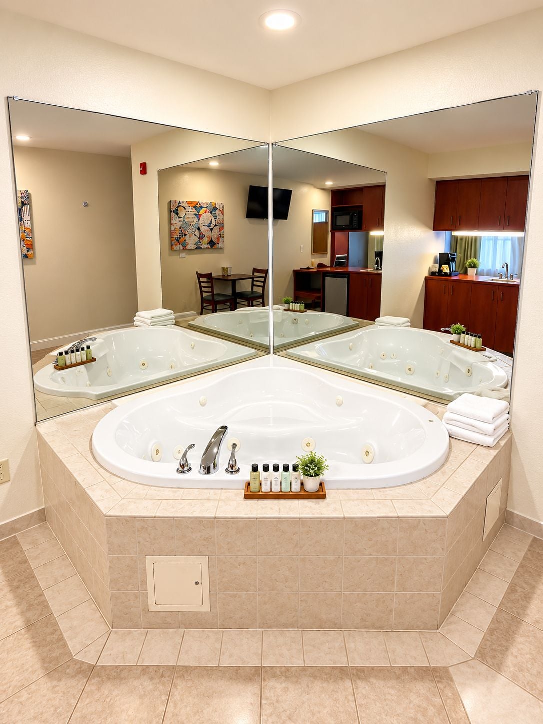 A bathroom with a large mirror, a double jacuzzi, and a small sink with toiletries.