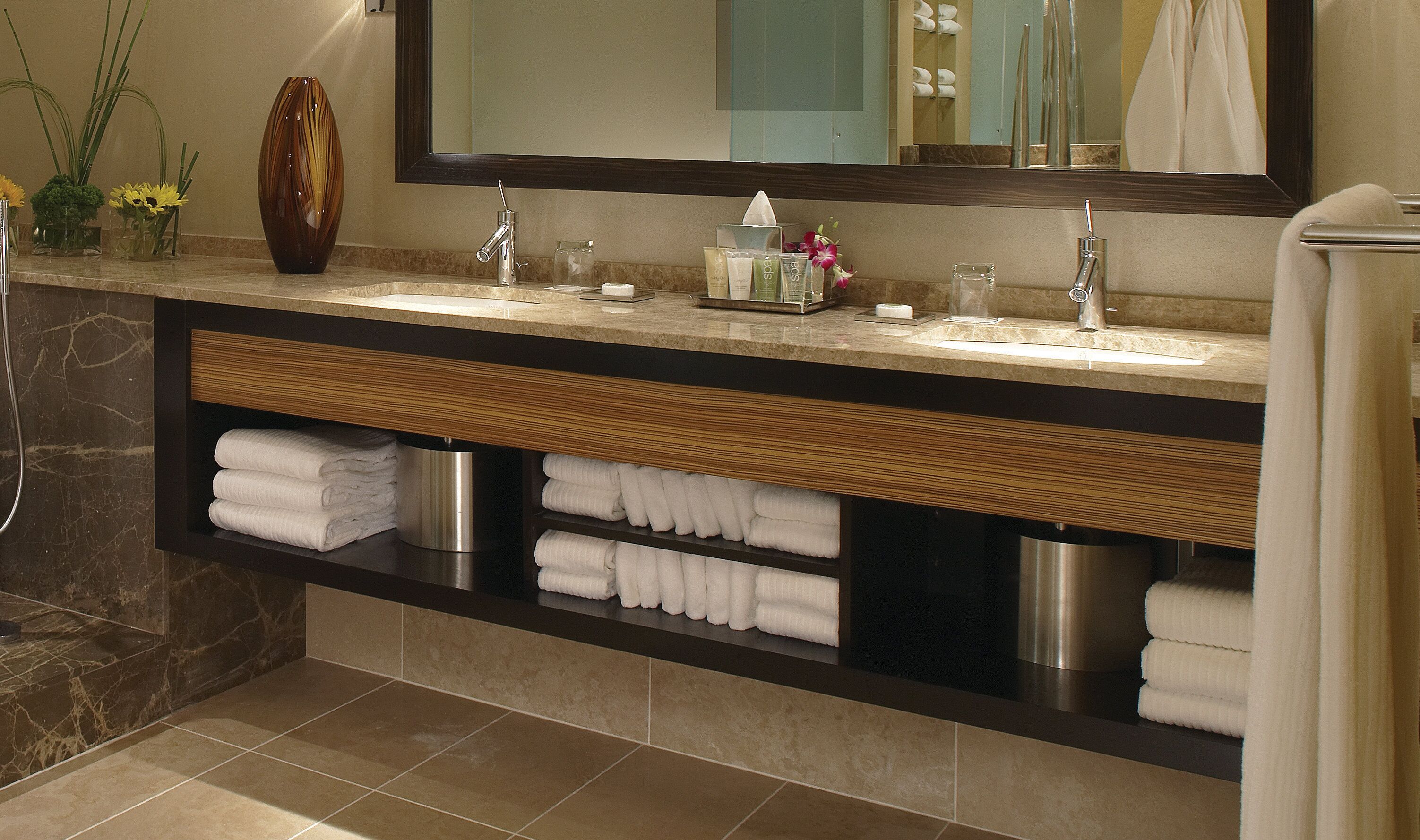 shower, rainfall showerhead, designer toiletries, hair dryer