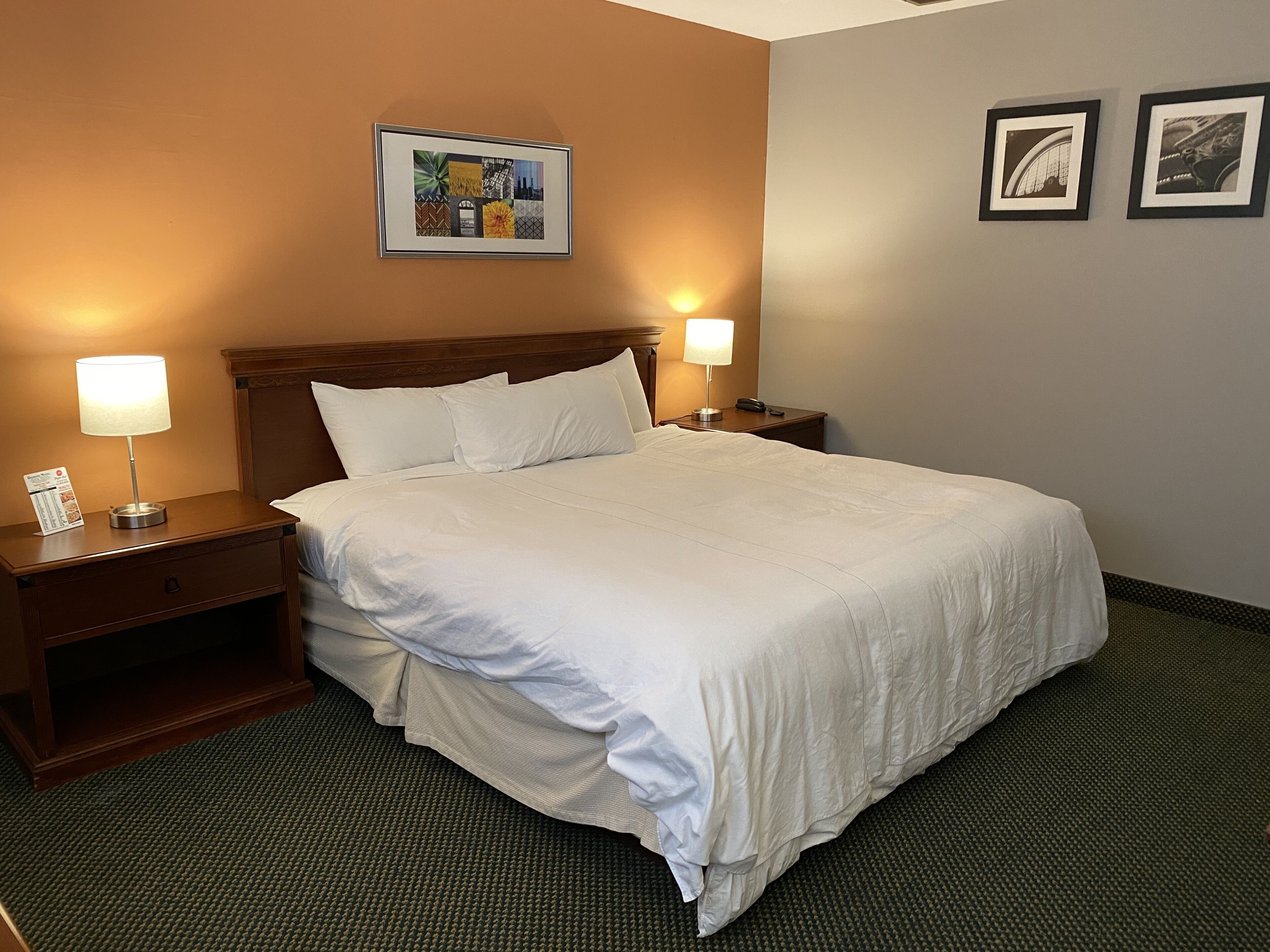 A hotel room with a large bed, two bedside tables with lamps, a nightstand, a framed picture on the wall, and a carpeted floor.