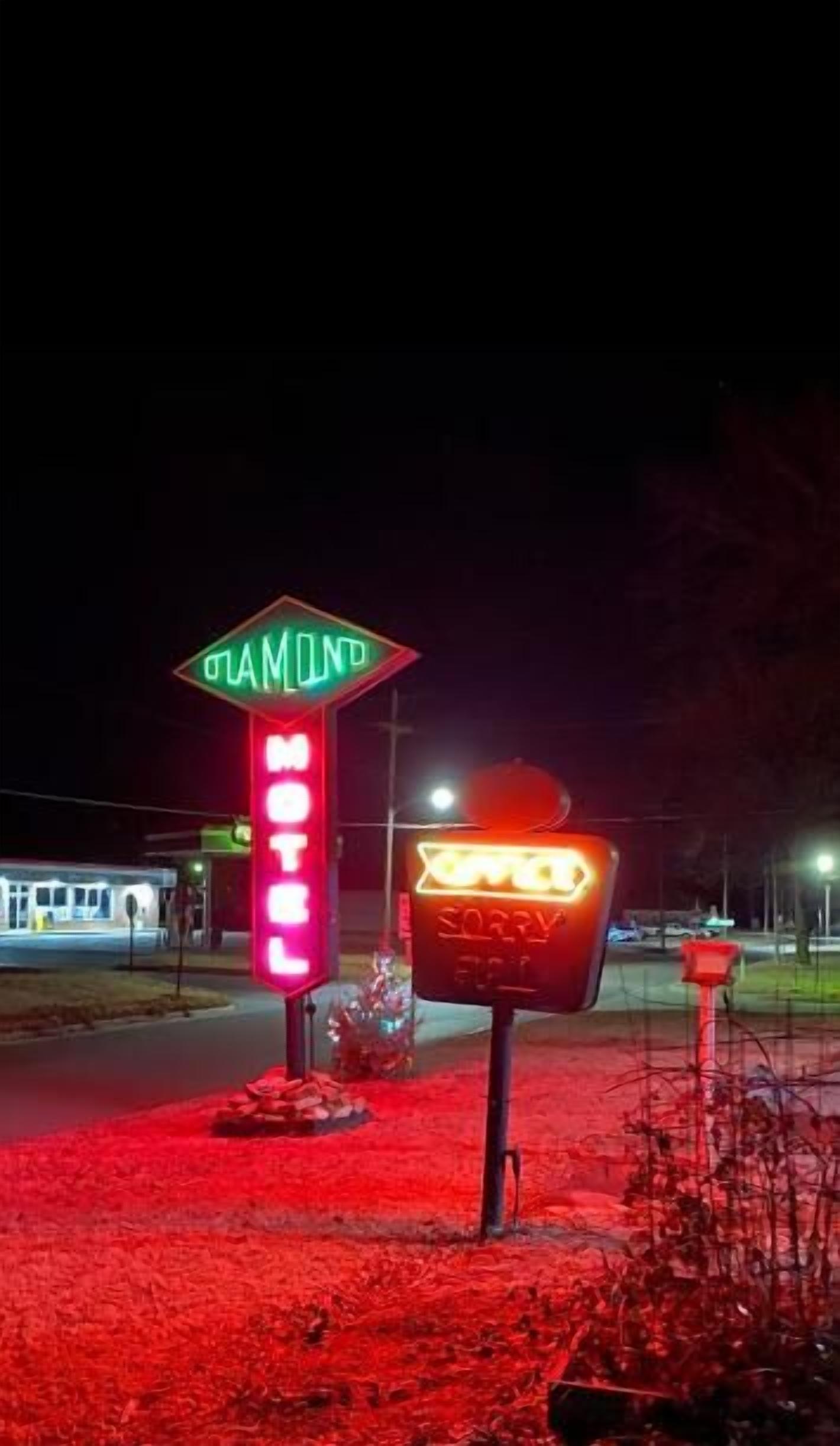 Un letrero de neón con la palabra "DAMOND" y una señal roja con la palabra "HOTEL" a la vista durante la noche.
