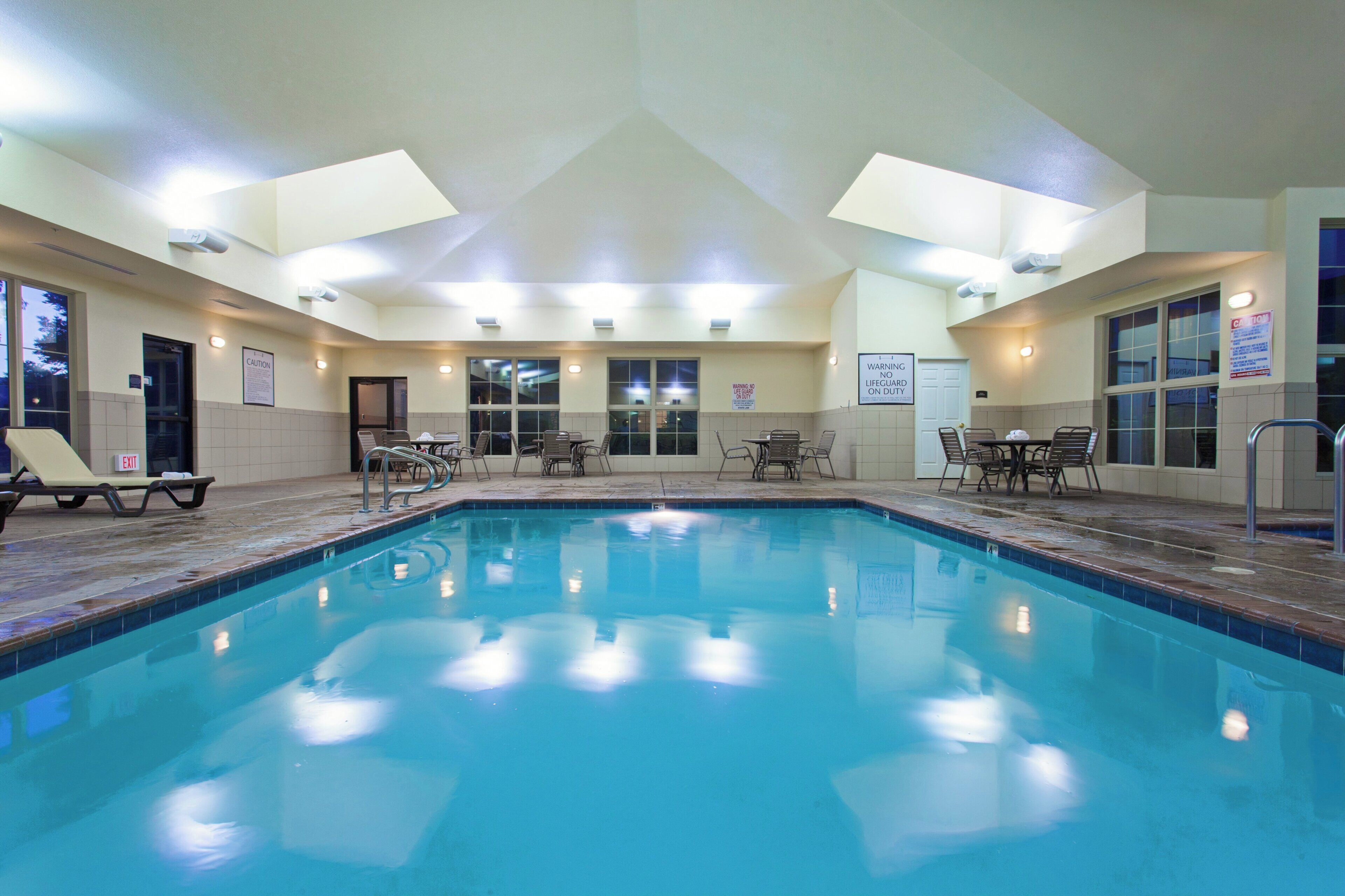 Indoor pool, open 8 AM to 10 PM, pool loungers