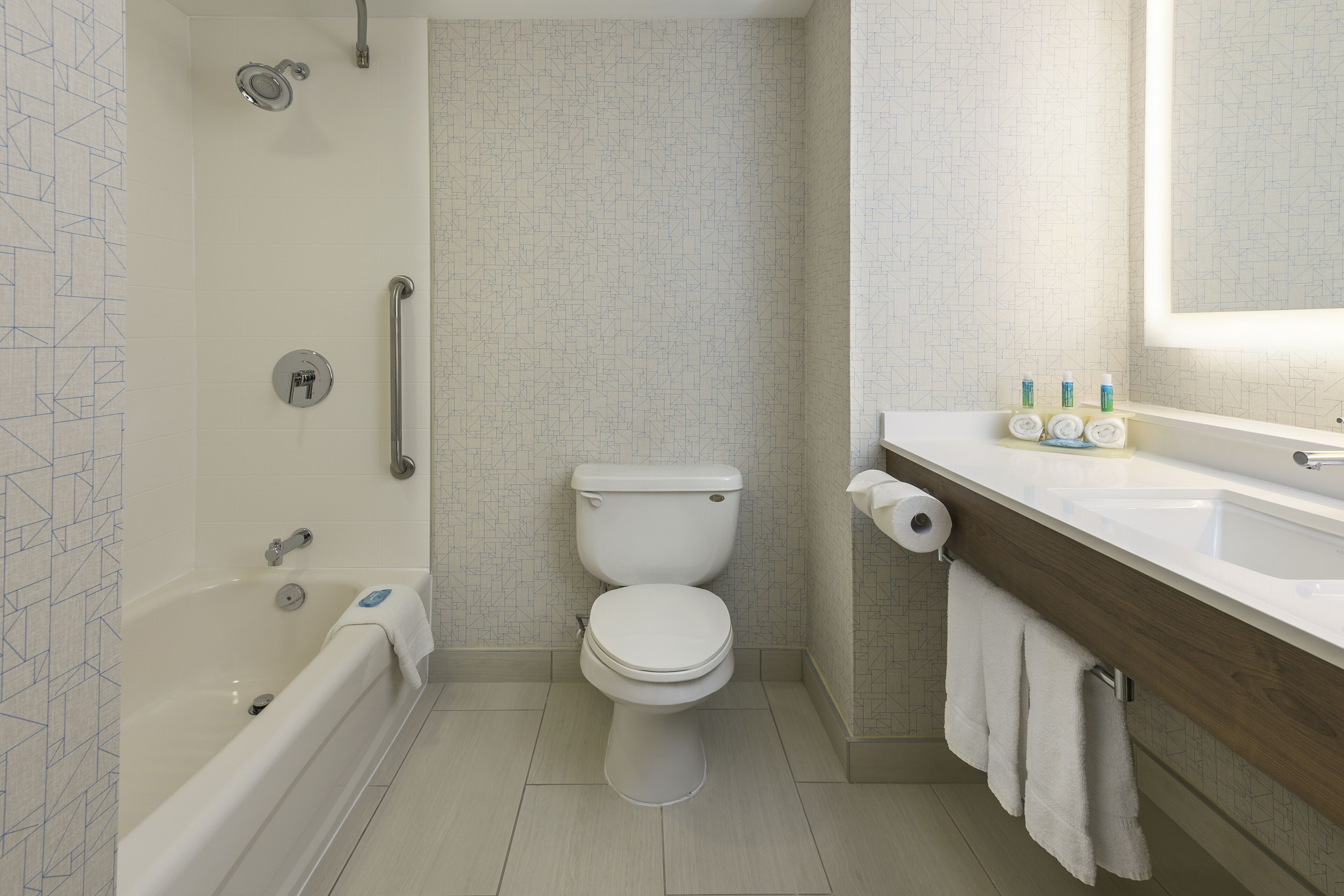 combined shower/bathtub, free toiletries, hair dryer, towels