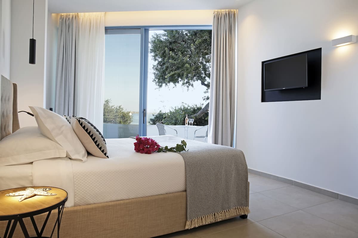 A modern bedroom with a large bed, a TV mounted on the wall, and a view of the outdoors.