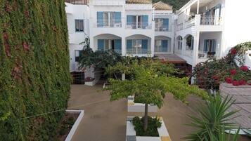 A courtyard with white buildings, a tree, and a large green hedge.