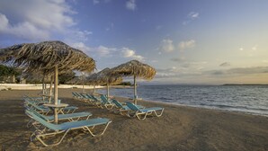 A beach with rows of sun loungers and thatched umbrellas. - Oasis Beach Hotel (Agistri)