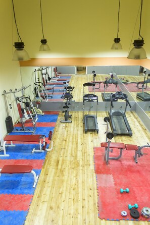 Une salle de sport équipée de matériel d’exercice, dotée d’un plancher en bois et de tapis rouges et bleus.