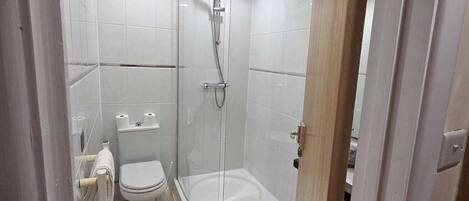 Un baño moderno con ducha de vidrio, inodoro y bañera.