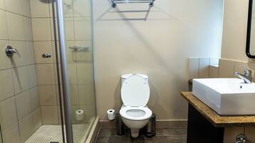 A bathroom with a glass-enclosed shower, a white toilet, and a sink with a granite countertop.