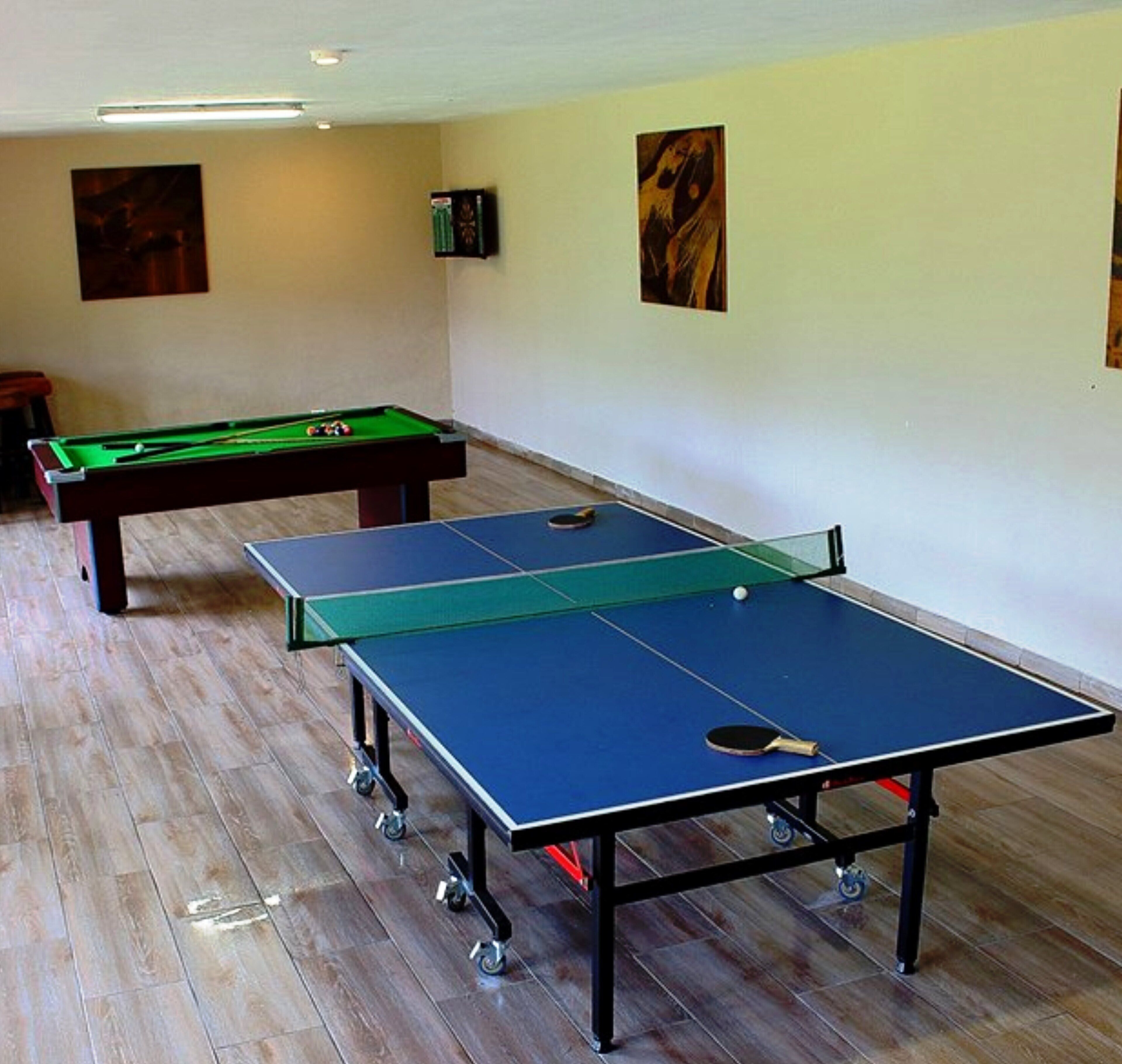 Una habitació amb taula de ping-pong, taula de billar i dos quadres a les parets.