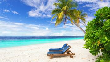 A beach with a palm tree, clear blue sky, and a lounge chair.