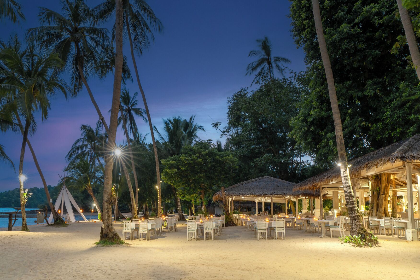 A beachside restaurant with outdoor seating, palm trees, and a view of the ocean.