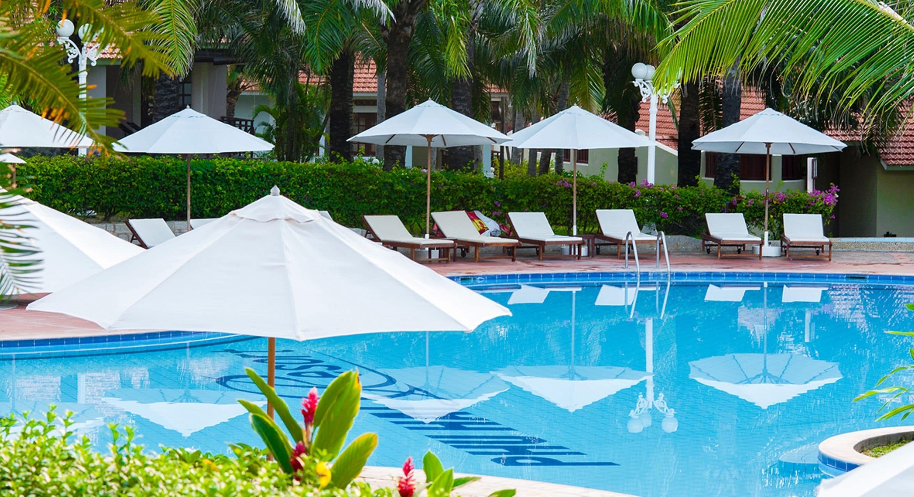 Outdoor pool, pool umbrellas, pool loungers