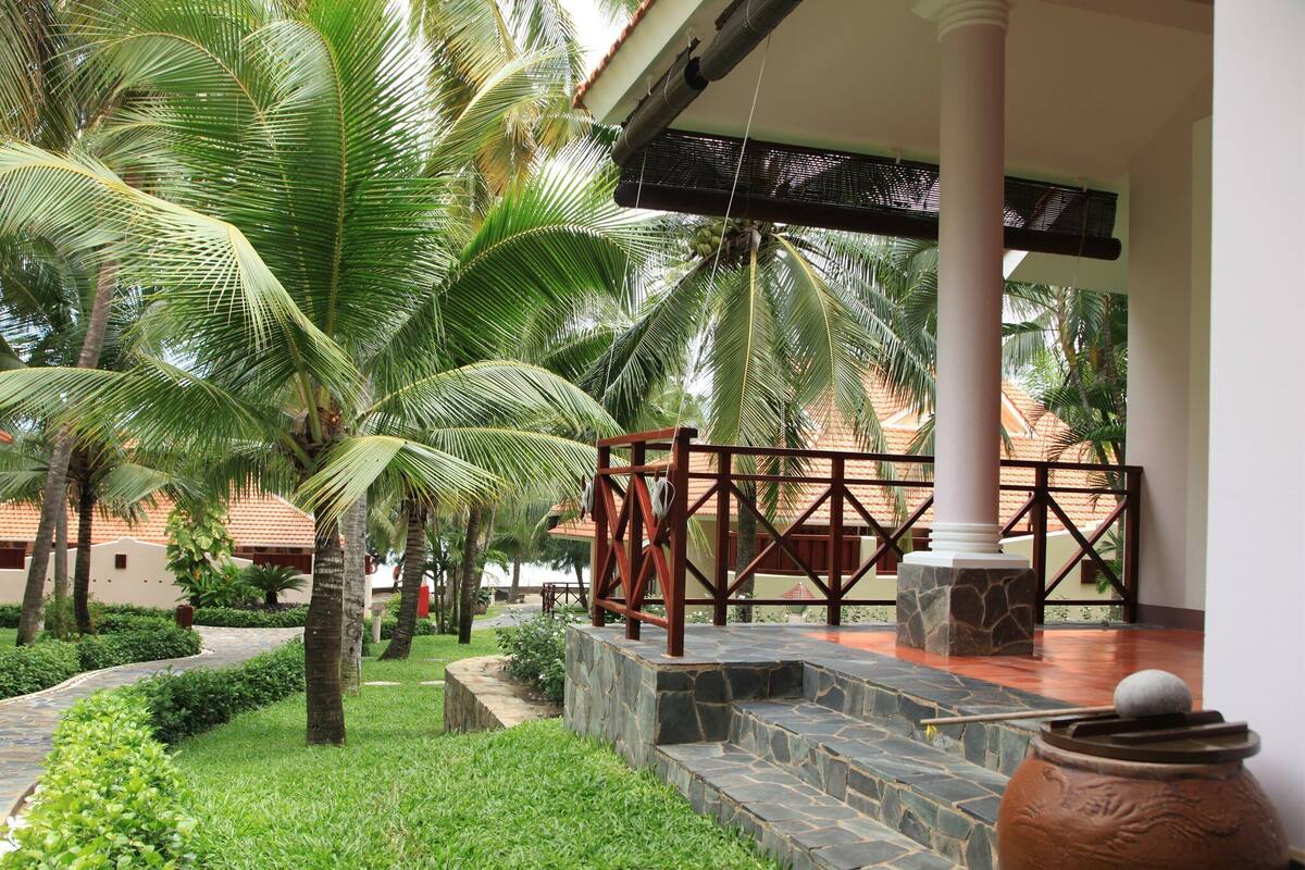 A covered outdoor area with a stone pathway, palm trees, and a rustic wooden fence.