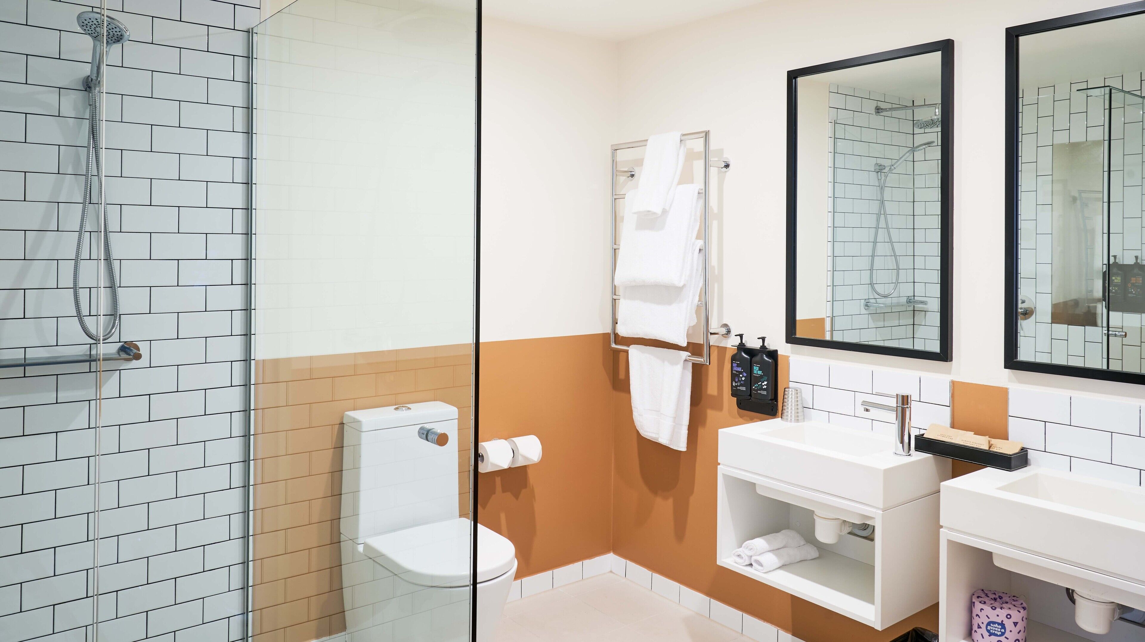 memphis terrace | bathroom | shower, rainfall showerhead, designer toiletries, hair dryer