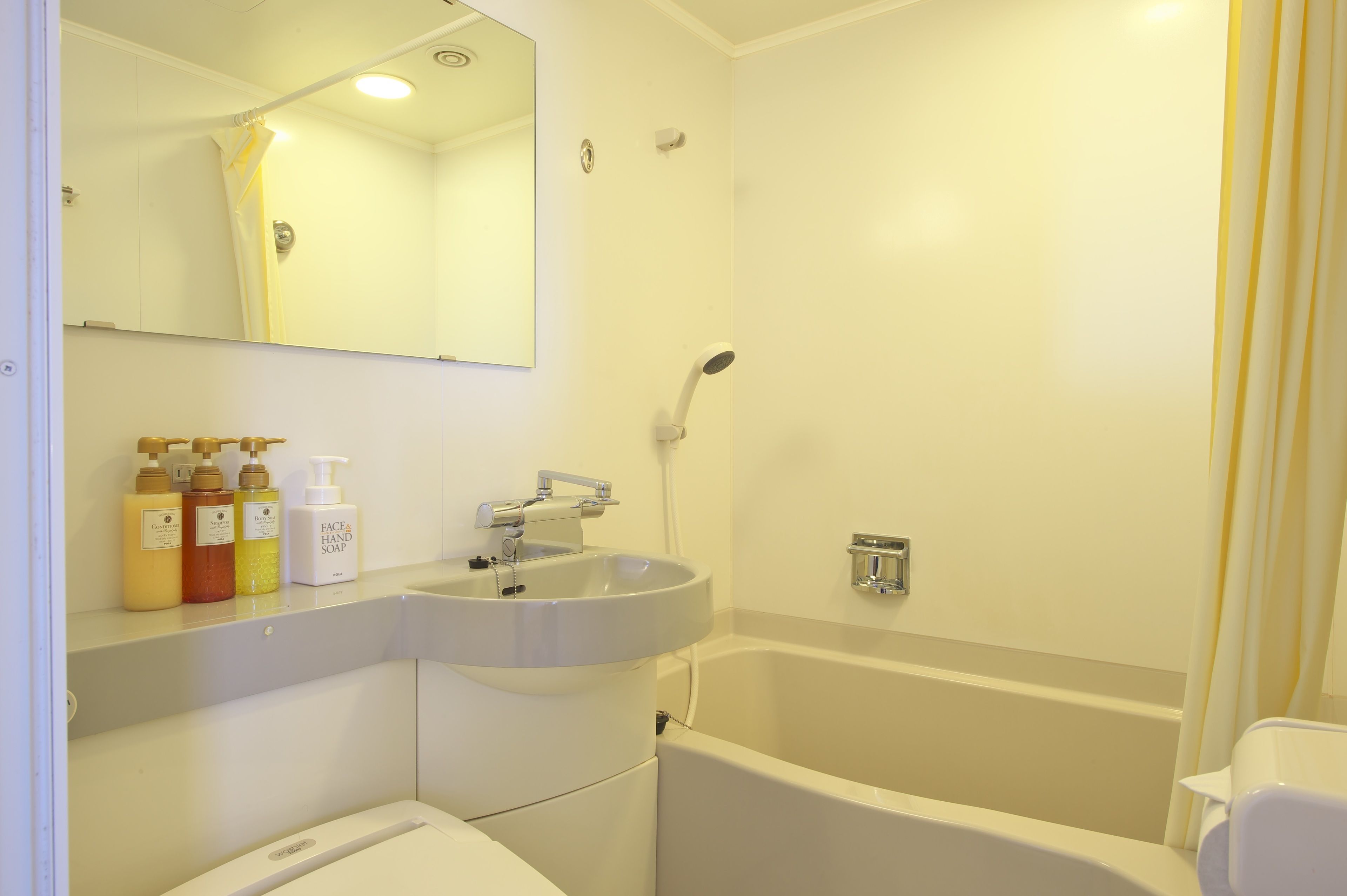 combined shower/bathtub, free toiletries, hair dryer, slippers