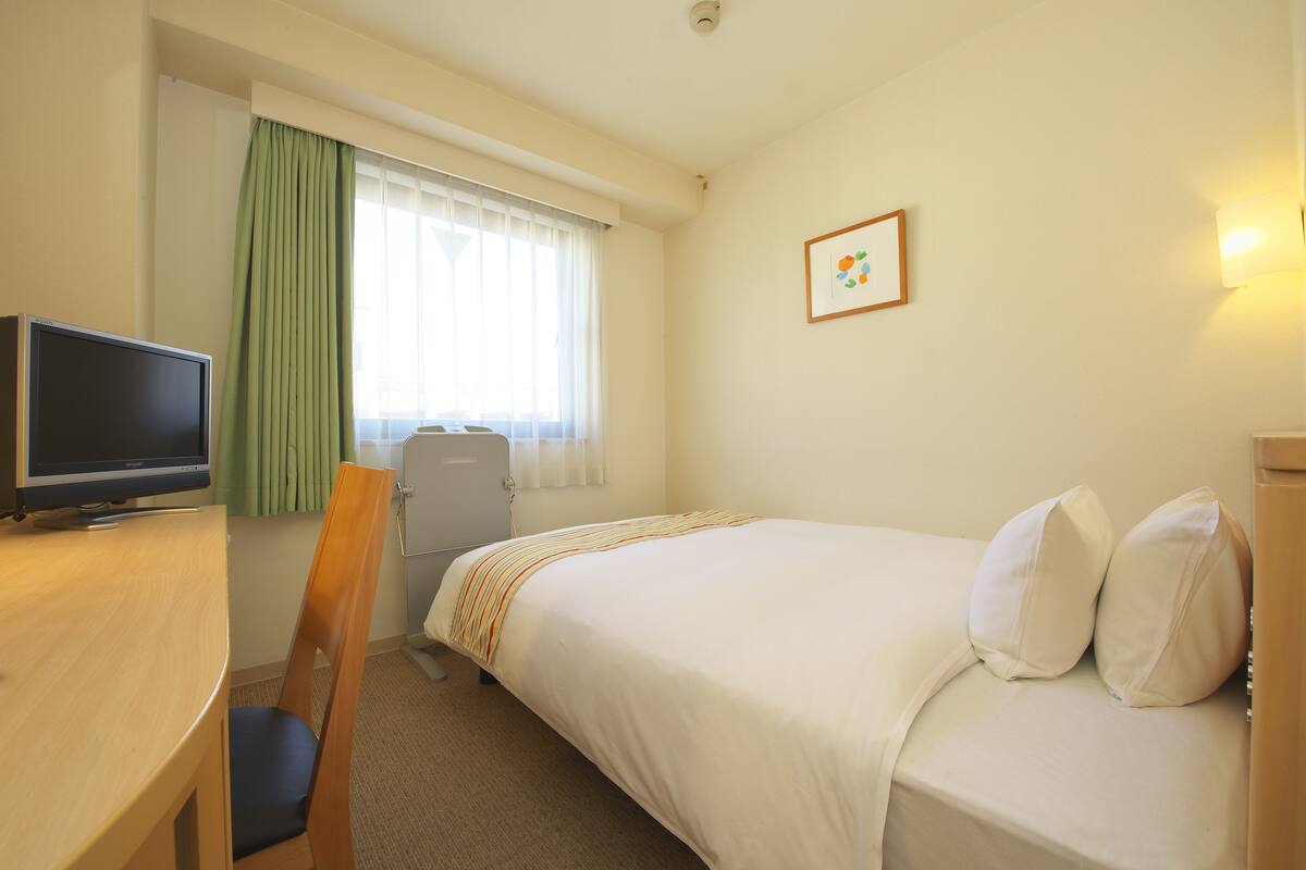 A hotel room with a bed, a desk with a television, a chair, a window with curtains, and a wall-mounted picture.