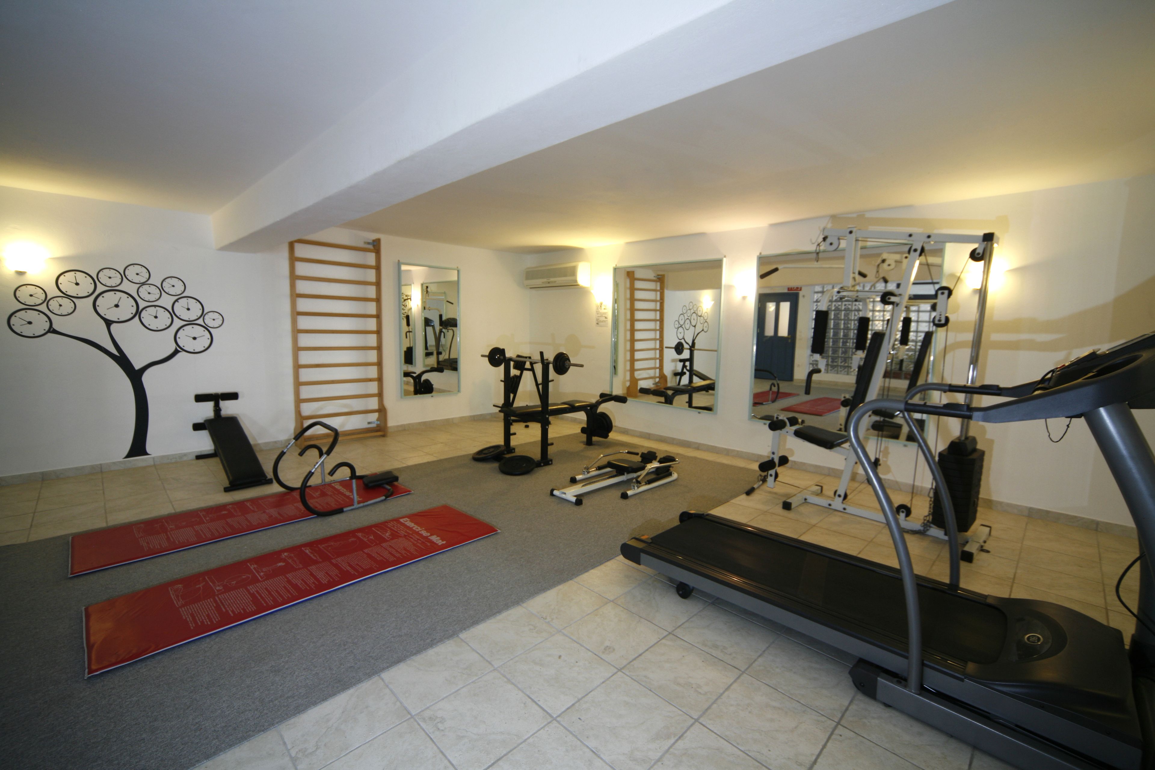 Gimnasio en casa con cinta de correr, pesas y colchonetas de ejercicio.