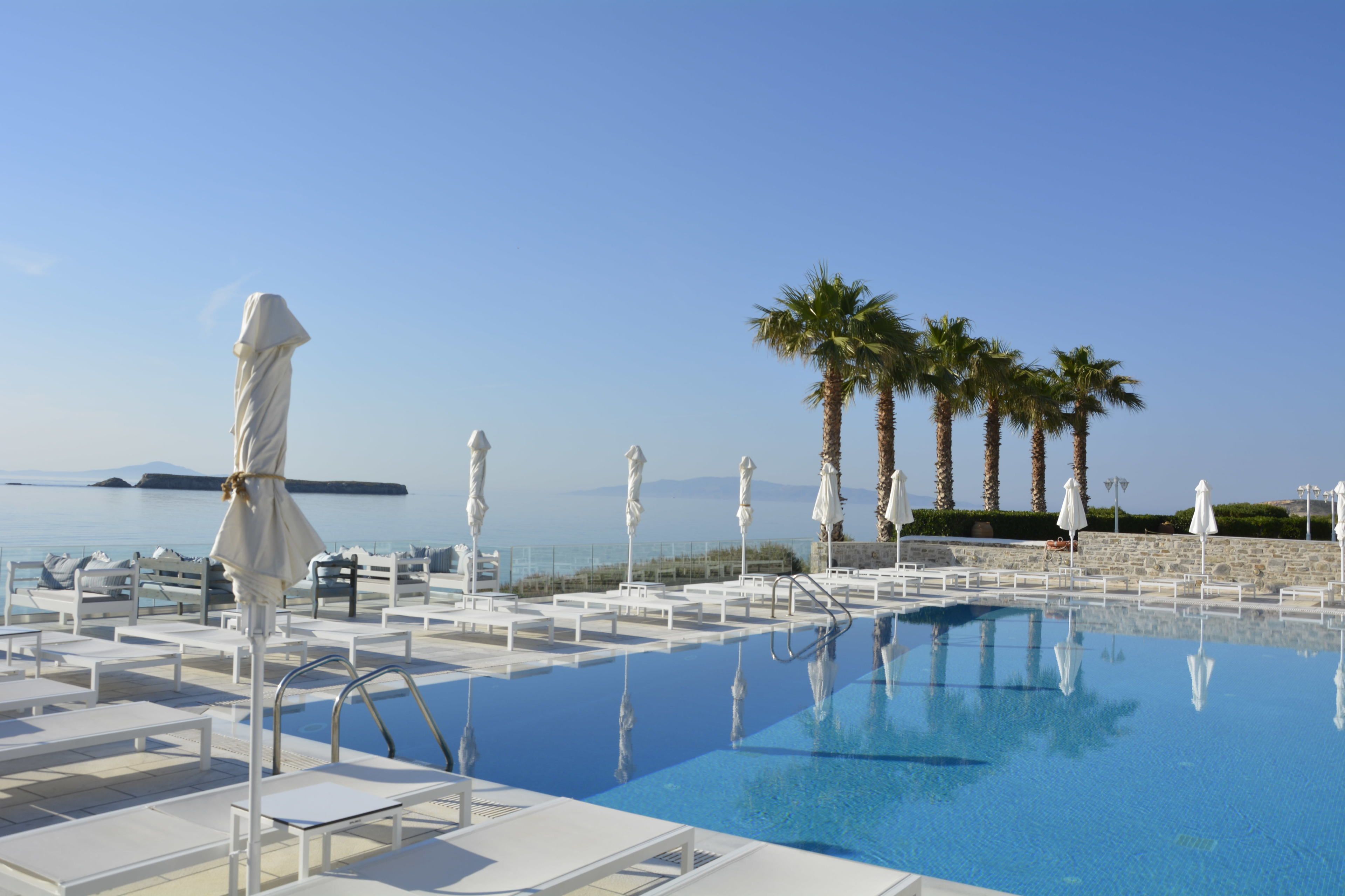 A pool area with white lounge chairs and umbrellas, palm trees, and a clear view of the sea.