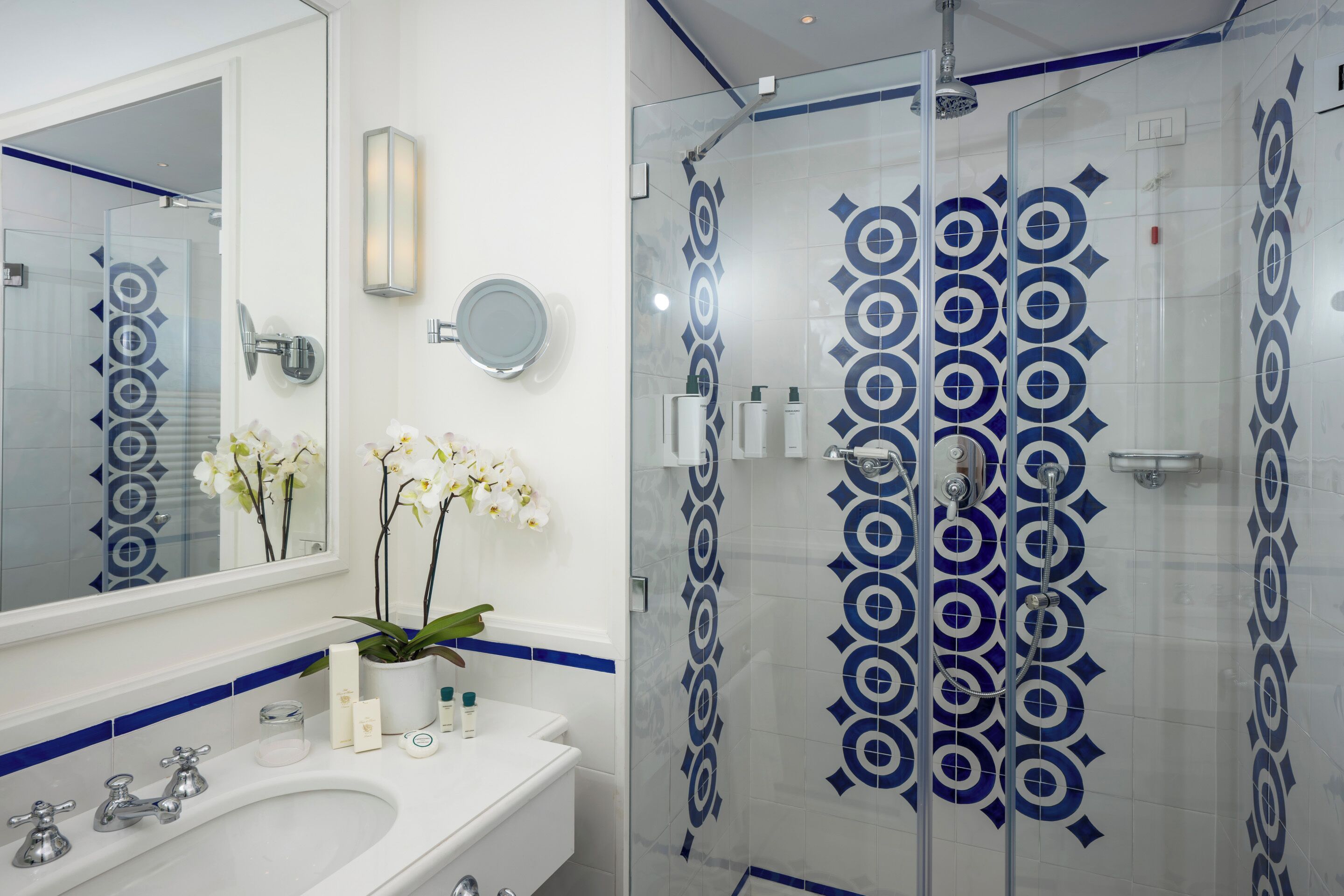 A bathroom with a white sink, two faucets, a mirror, a potted orchid, and a glass-enclosed shower with blue geometric tile.