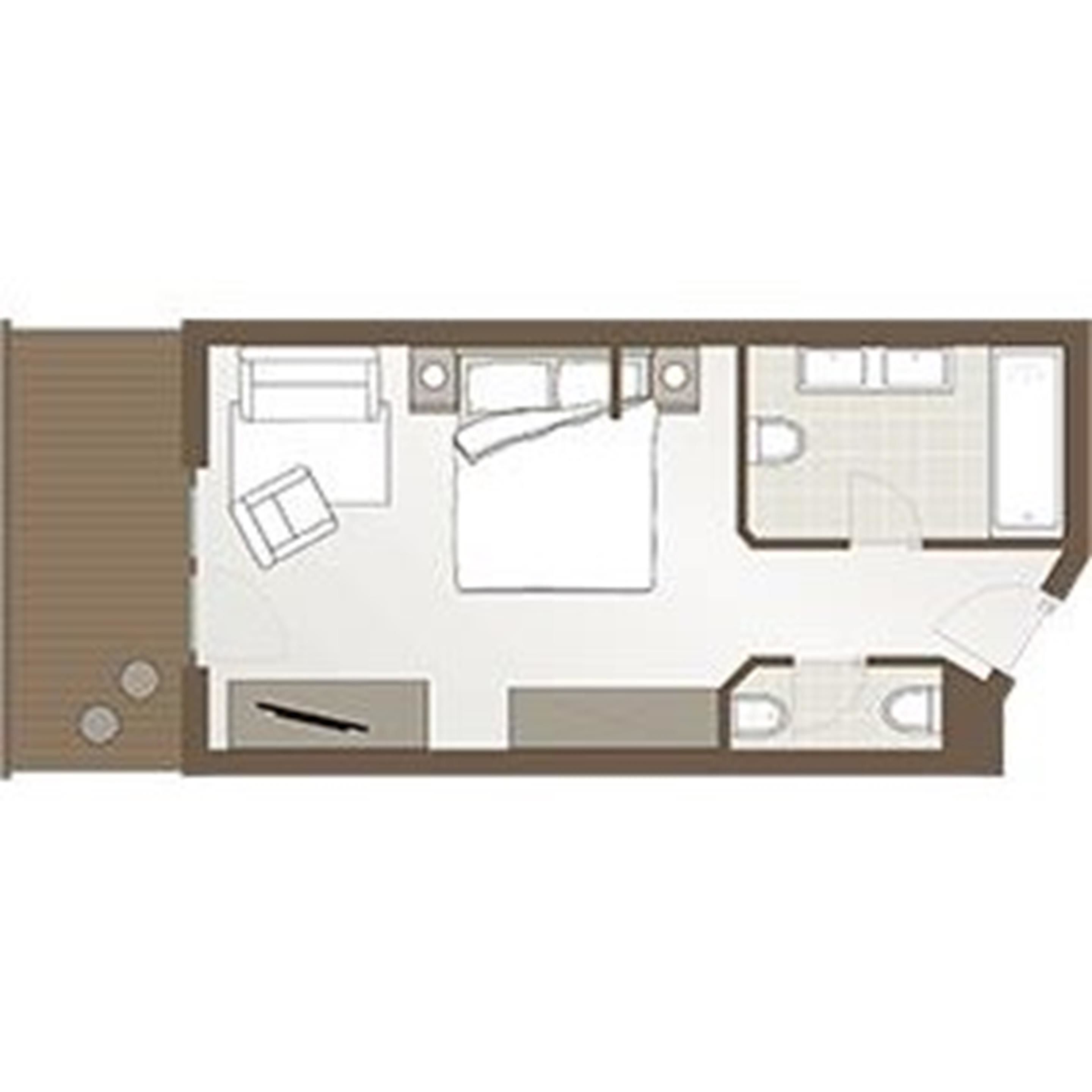 A floor plan of a hotel room with a bed, a desk, a chair, a small table, a sofa, and a bathroom.