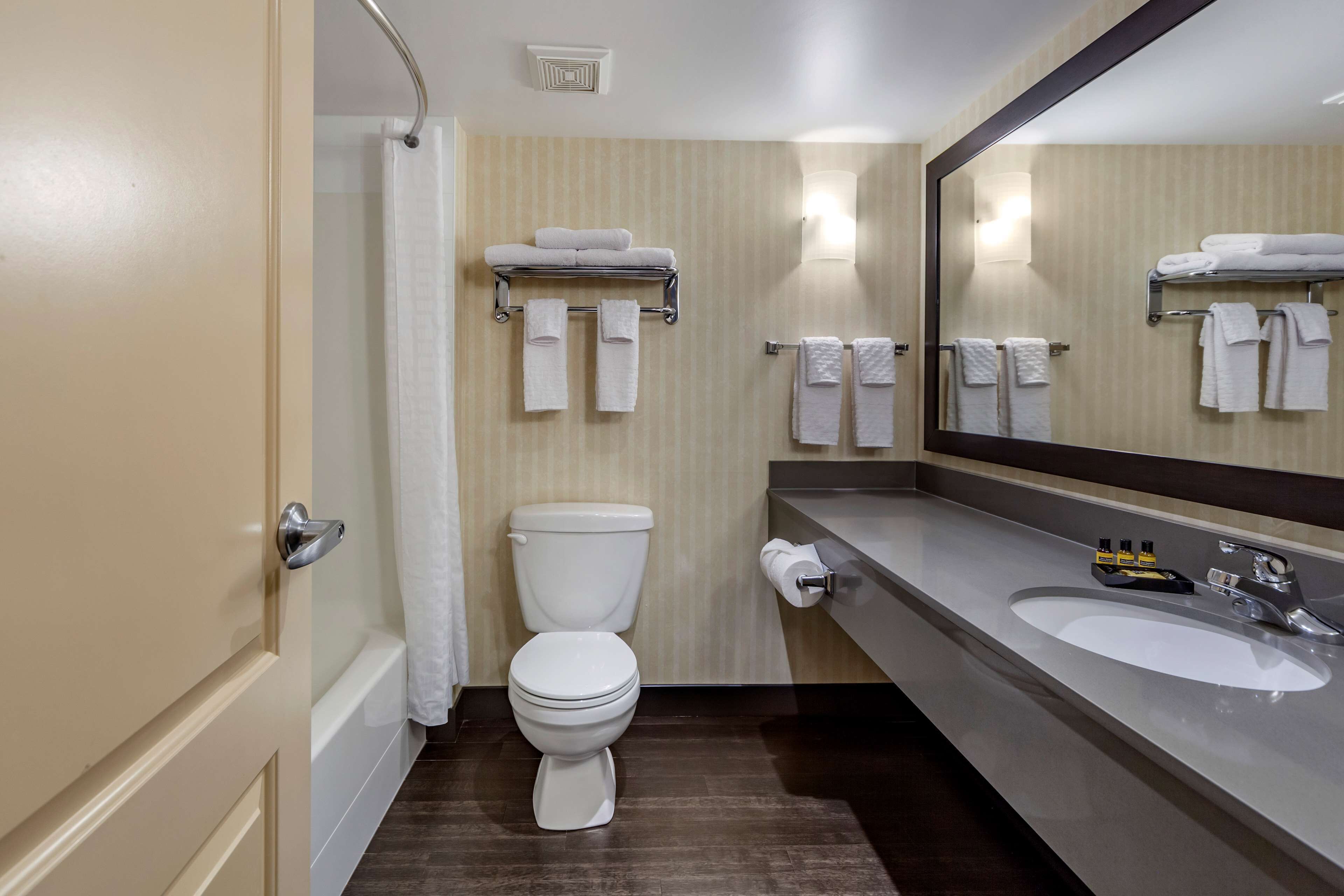 designer toiletries, hair dryer, towels, soap