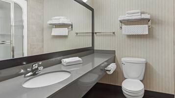 Un baño moderno con un espejo grande, un lavabo, un inodoro y toalleros.