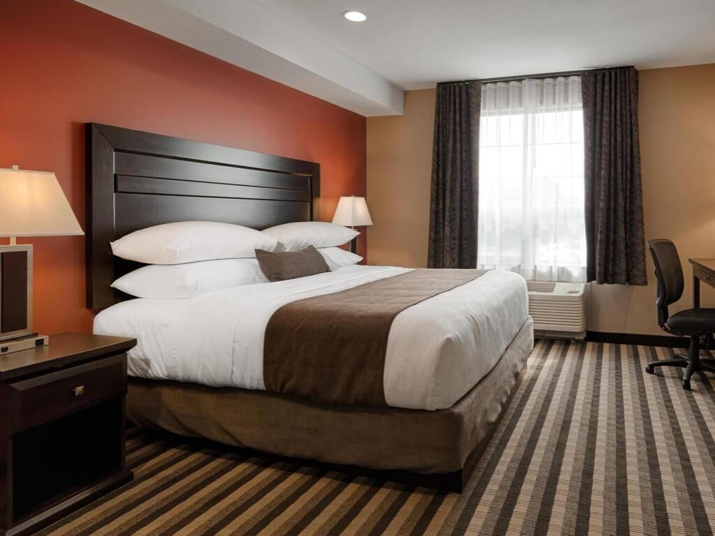 Premium bedding, pillow-top beds, desk, laptop workspace