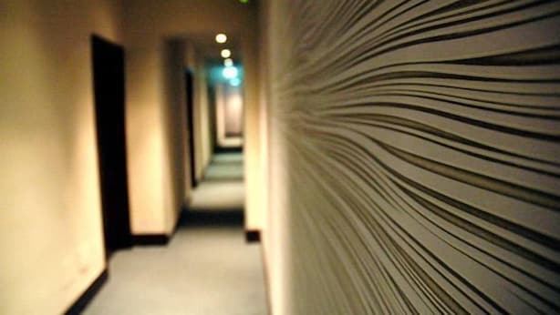 A corridor with a patterned wall and doors leading to rooms.