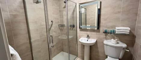 A modern bathroom with a glass-enclosed shower, a pedestal sink, and a toilet.