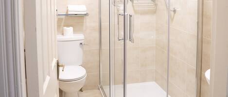 A modern bathroom with a glass-enclosed shower, a toilet, and a towel rack.