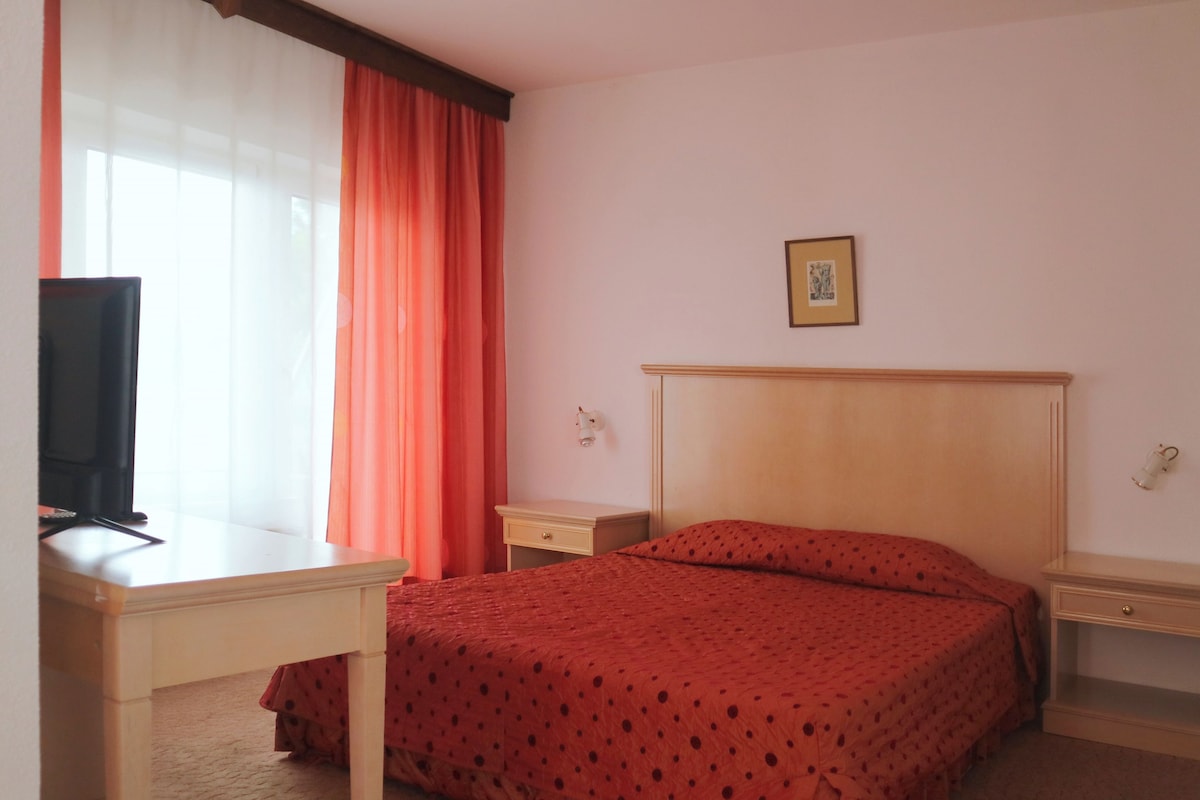 A hotel room with a bed, a desk, a chair, a television, and a nightstand.