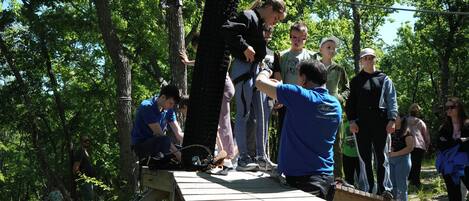 A group of people on a wooden bridge in a wooded area.