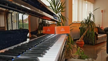 A grand piano in a well-lit room with a sofa and potted plants.