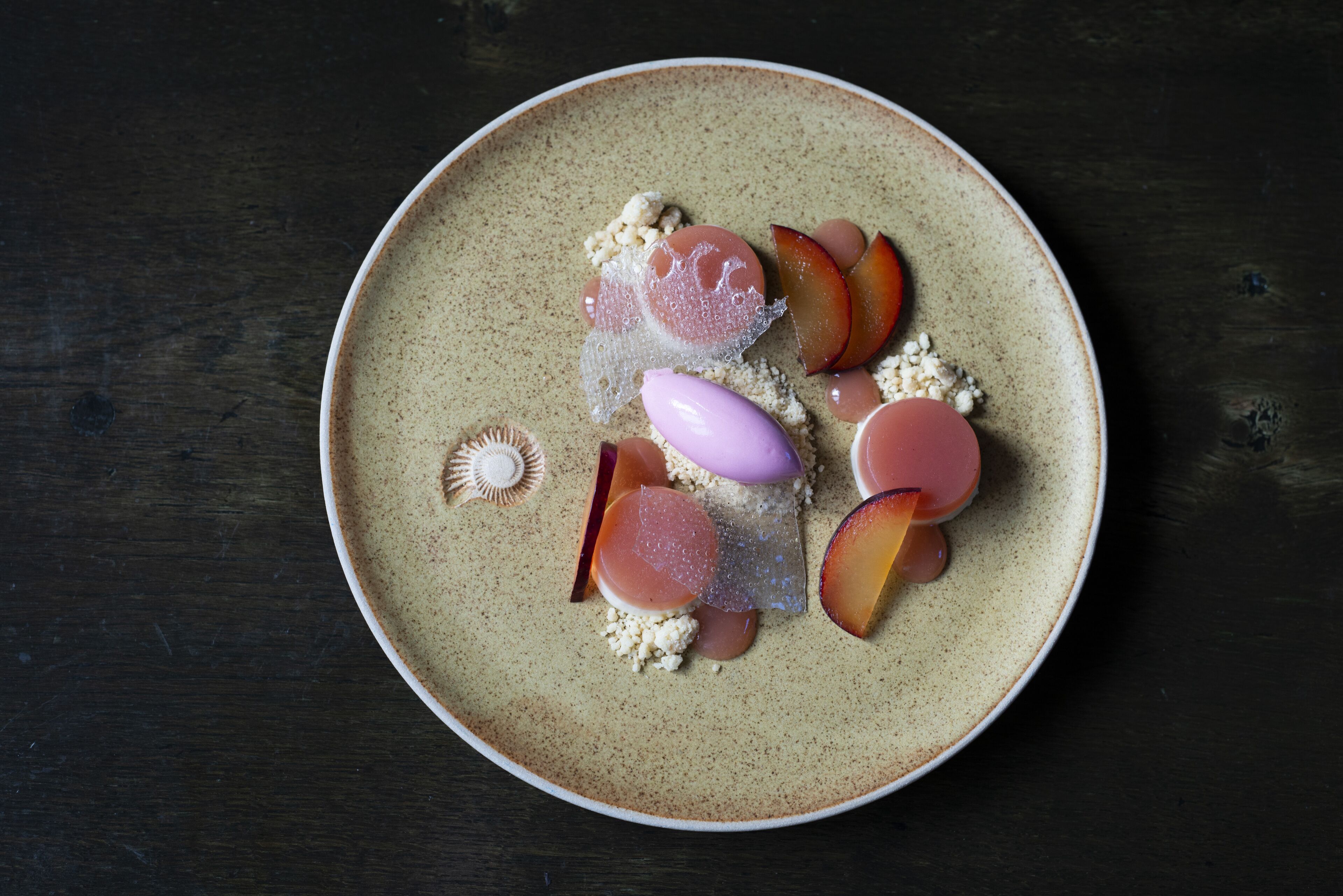 A round ceramic plate with various food items including slices of fruit and a decorative shell.