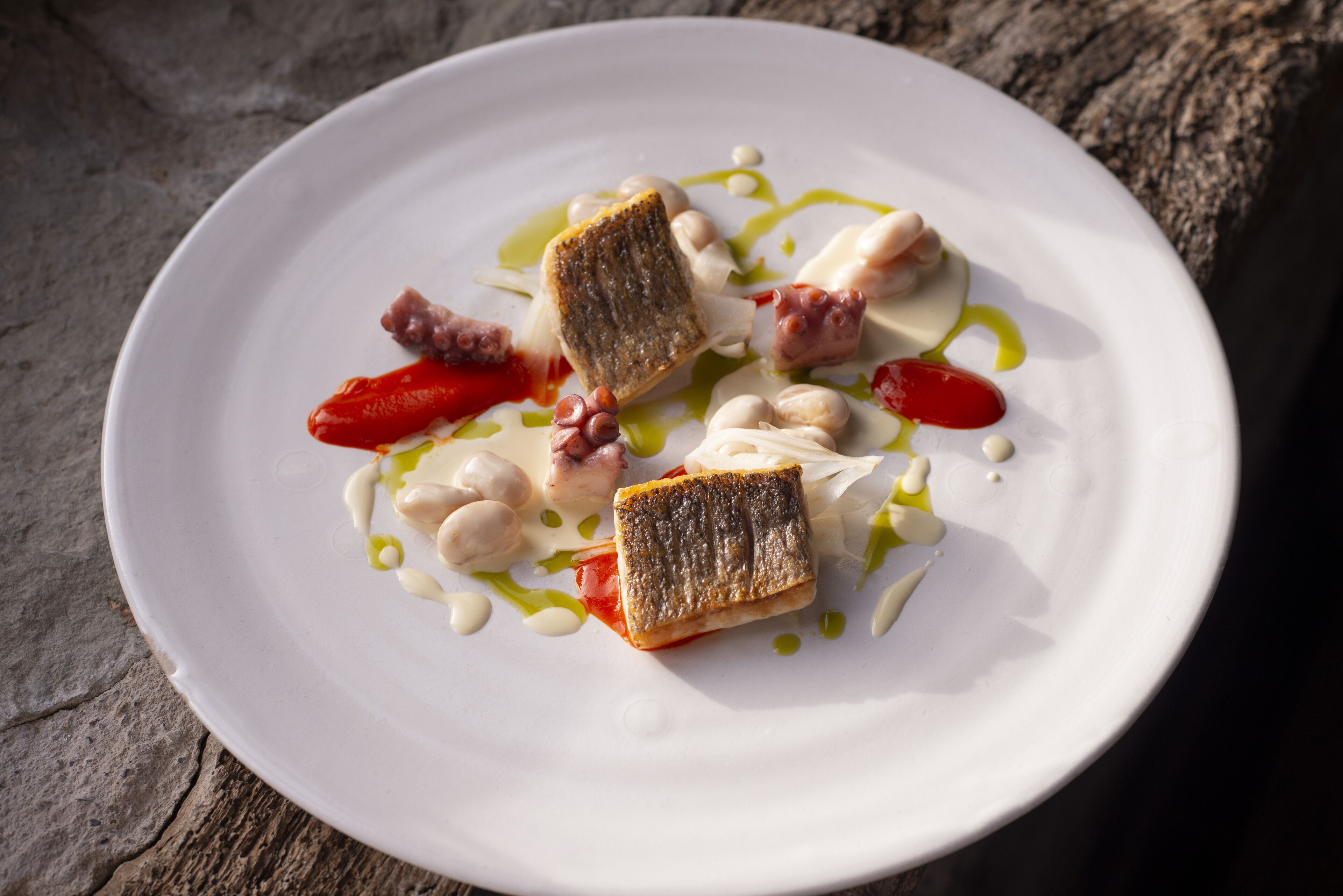 Un plato blanco con un guiso de pescado, salsa roja y salsa blanca.