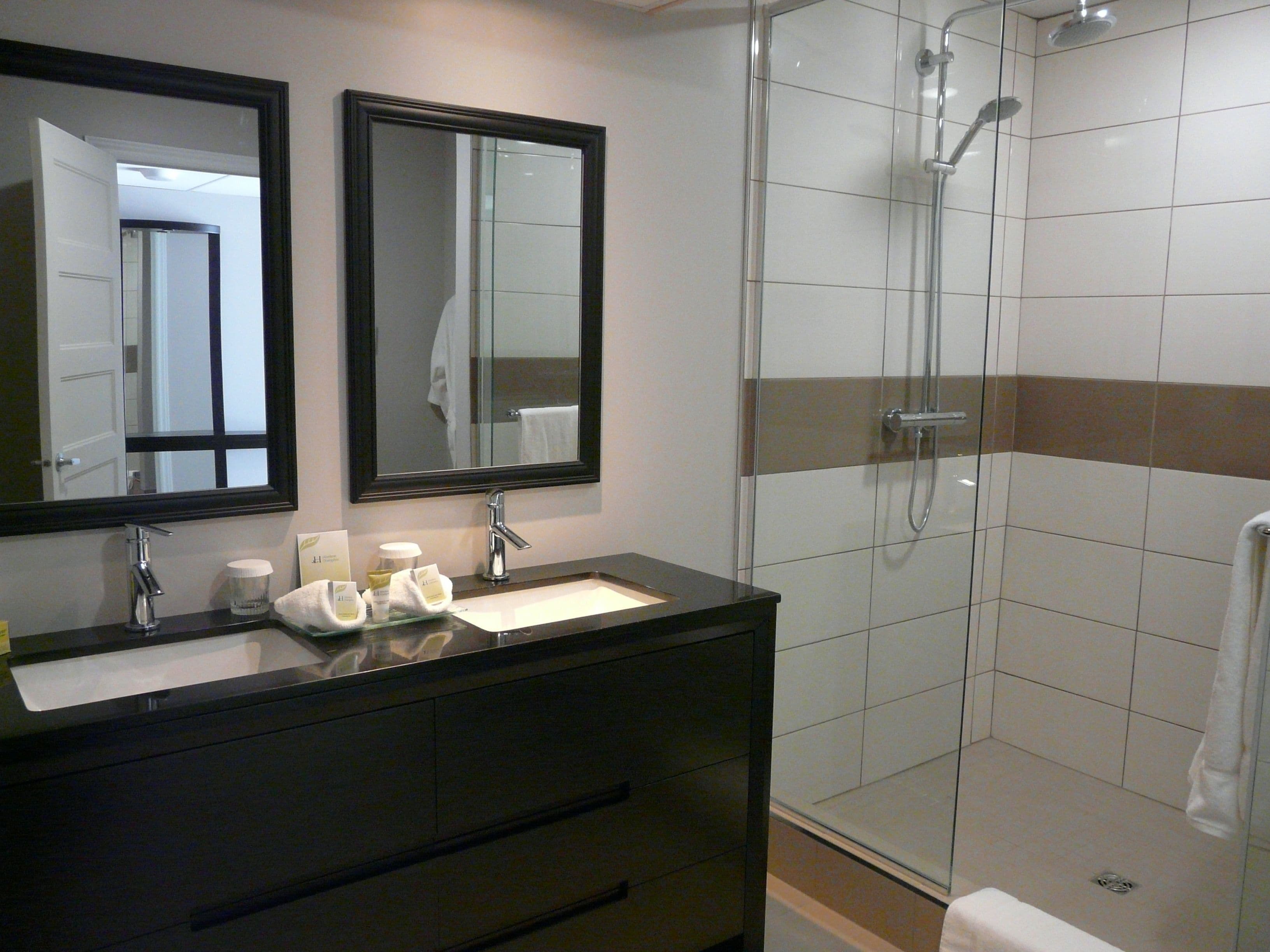 shower, hydromassage showerhead, designer toiletries, hair dryer