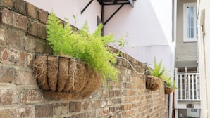 Pared de ladrillo con macetas colgantes con plantas verdes.