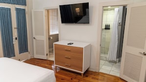 Un dormitorio con cama, cómoda, televisor y zona de ducha.