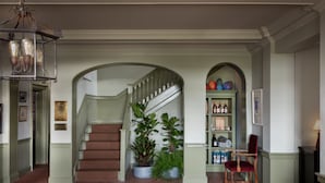 Un pasillo con una escalera, plantas en macetas, una estantería y una silla.