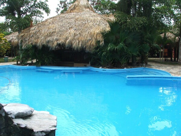 Una piscina con una estructura de techo de paja y palmeras.
