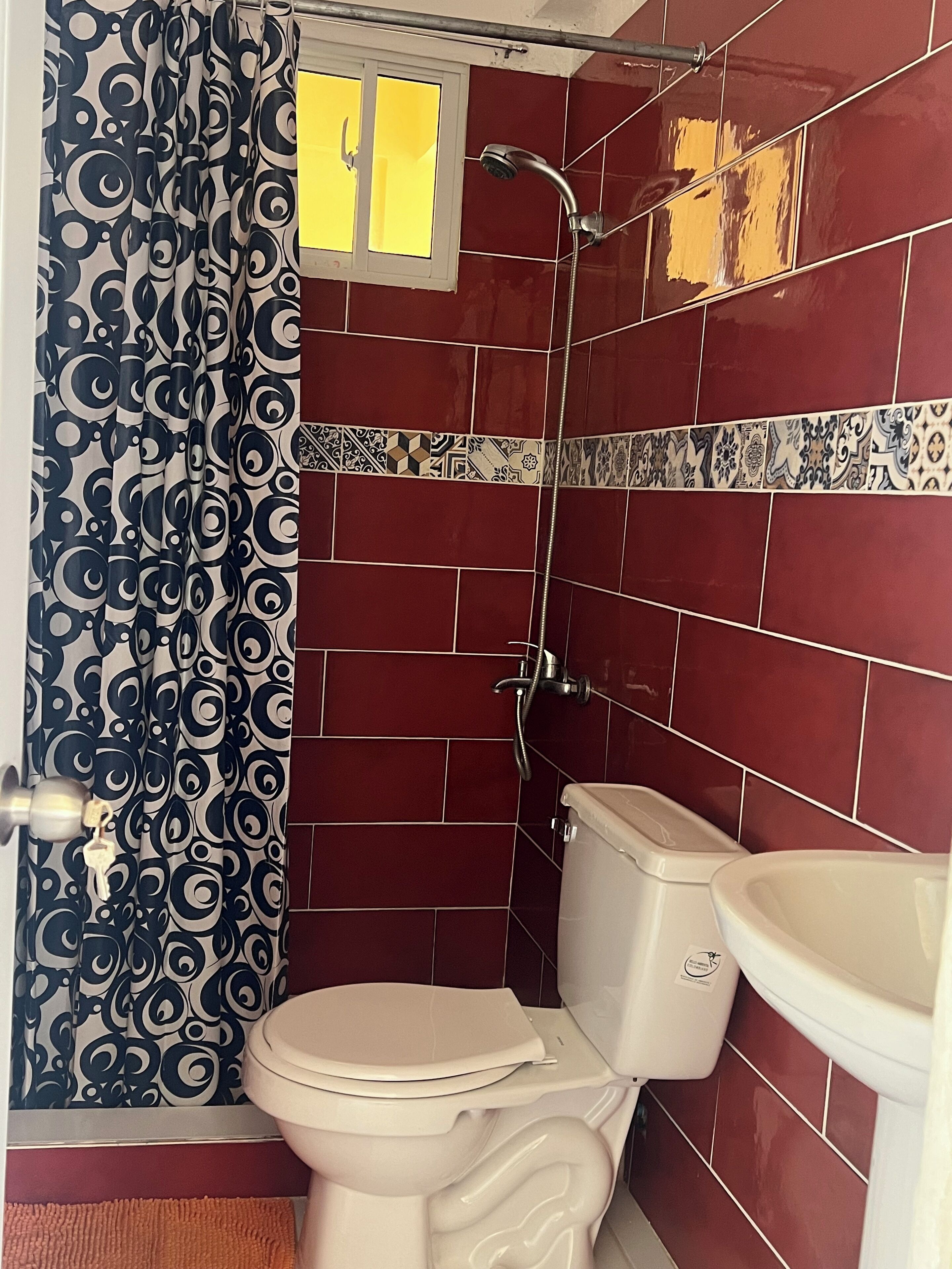 A bathroom with a toilet, sink, shower, and patterned curtains.