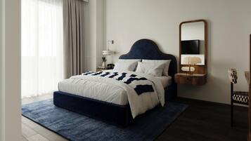 Un dormitorio moderno con cama, mesita de noche, lámpara y espejo.