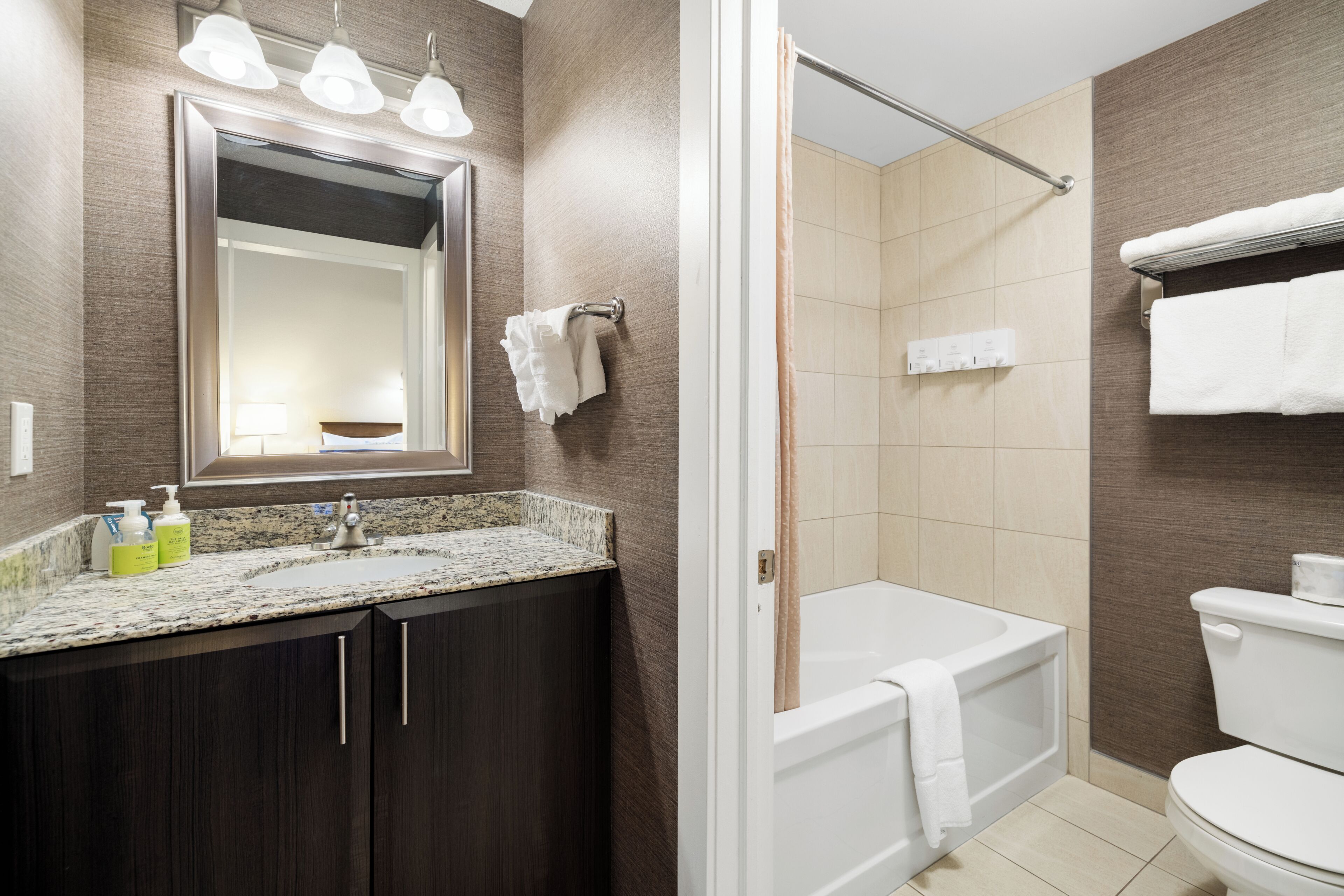 Une salle de bain moderne avec un comptoir en granit, des meubles en bois foncé, un grand miroir, une douche avec une porte en verre et des toilettes.