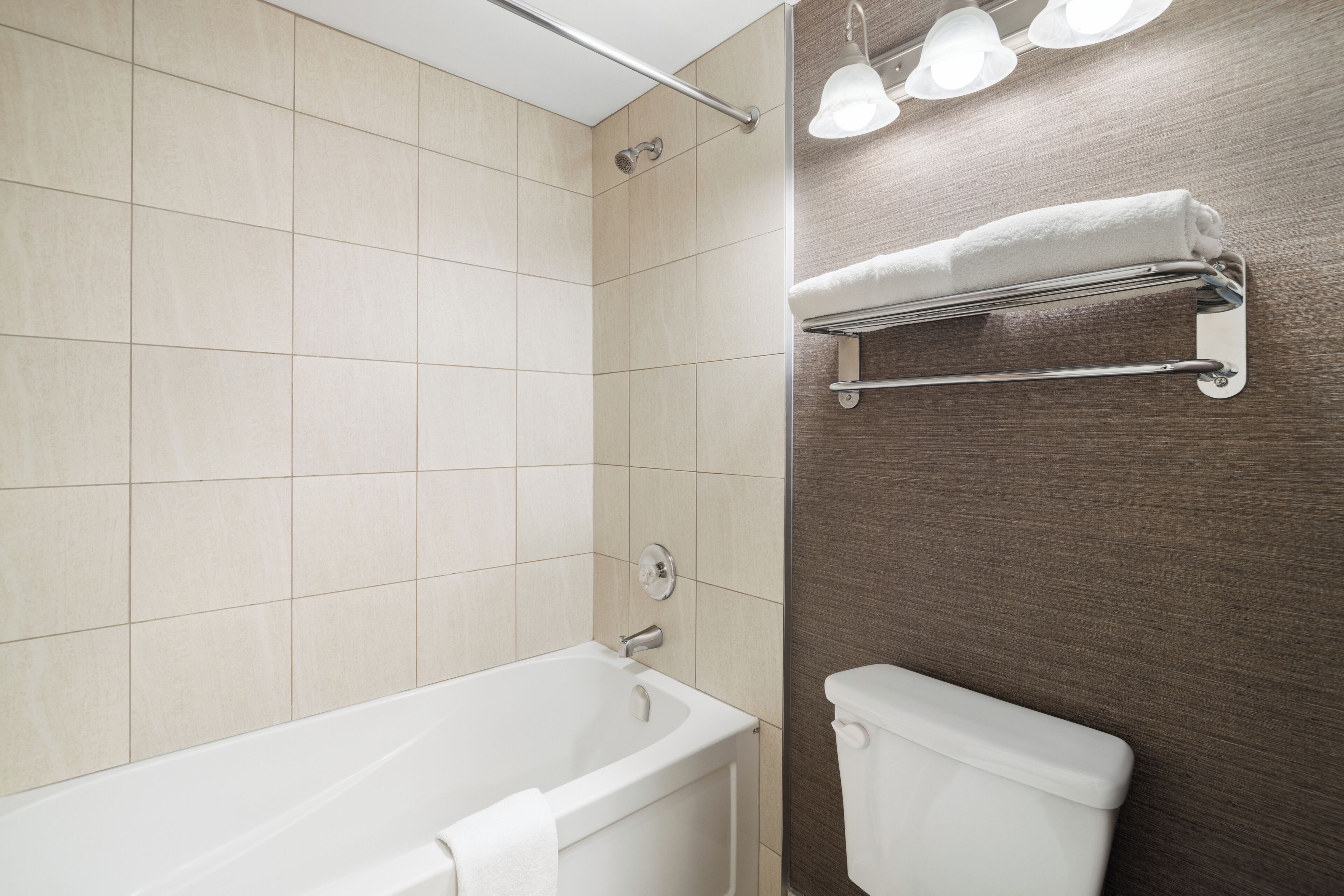 A modern bathroom with a bathtub, a toilet, and a towel rack.