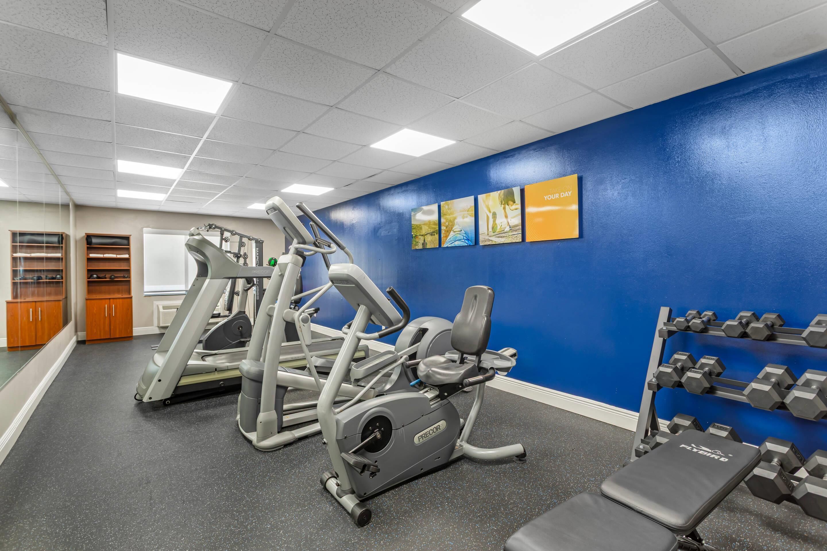 Une salle de sport équipée de machines d’exercice, d’un banc et d’haltères.