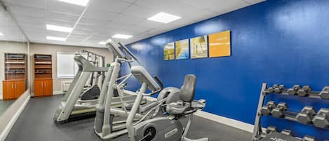 A gym with exercise equipment, a bench, and dumbbells.