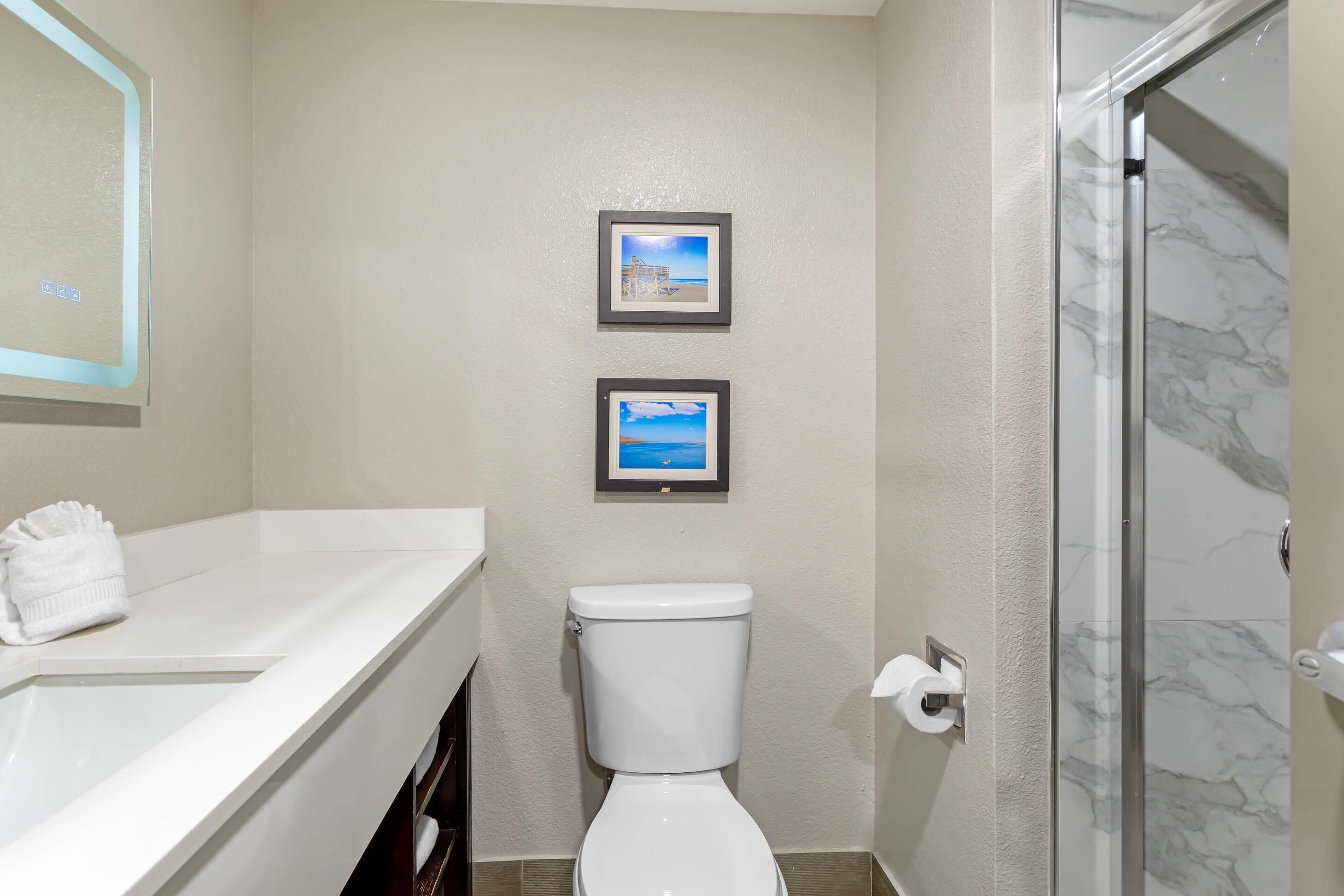 Une salle de bain avec des toilettes, deux tableaux encadrés au mur, une serviette sur le comptoir et un espace douche.
