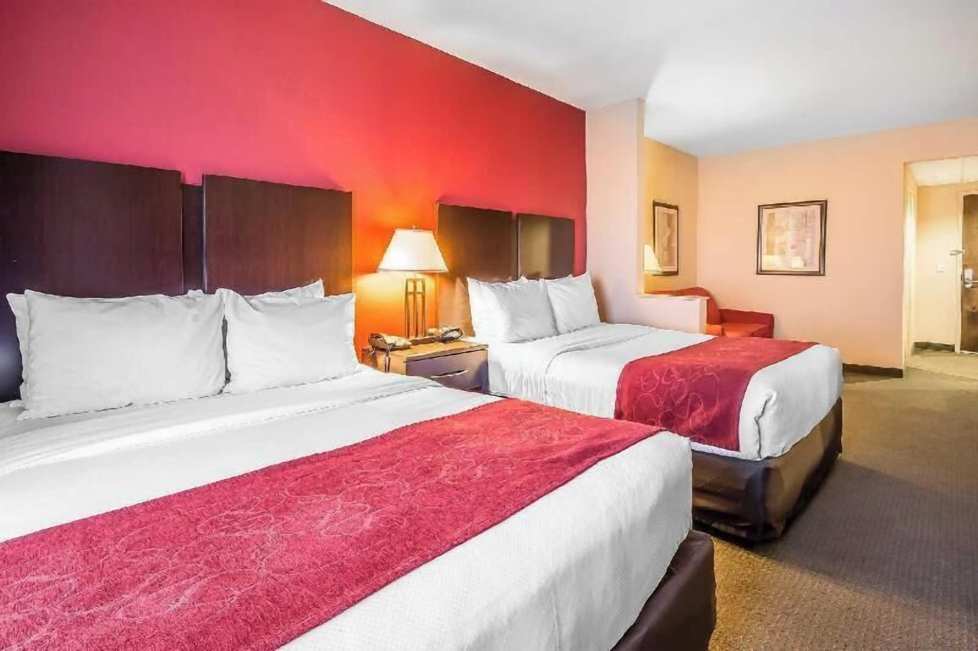 Premium bedding, desk, laptop workspace, blackout drapes