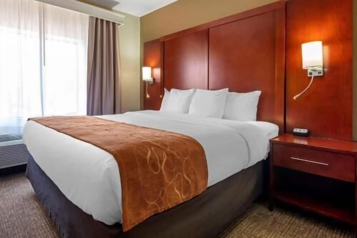 Premium bedding, desk, laptop workspace, blackout drapes